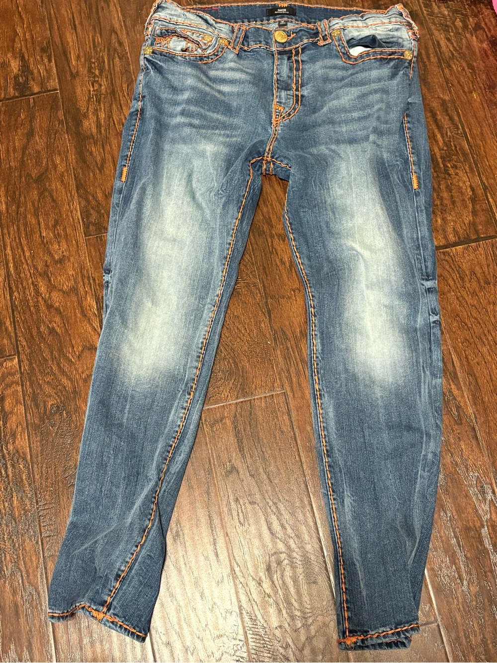 True Religion Men's Faded Blue Skinny Jeans with Contrast Stitching